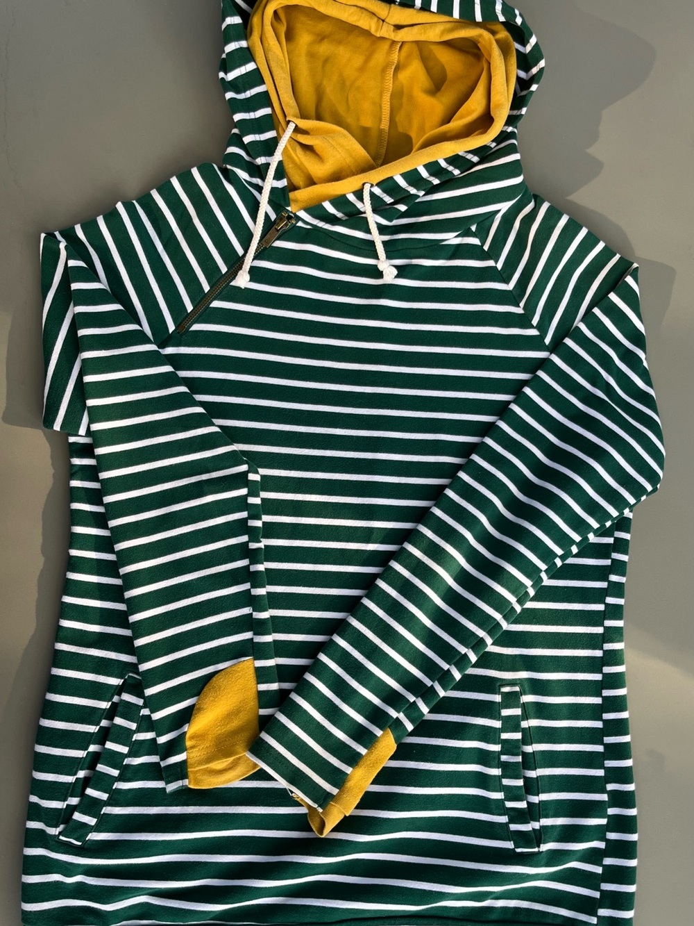 AMPERSAND Green & White Striped Double Hood Hoodie with Mustard Accents